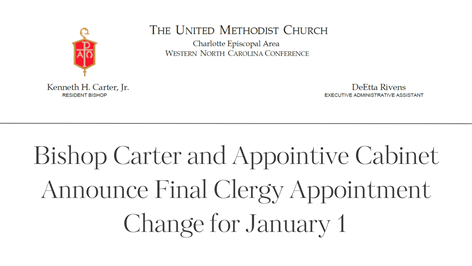Bishop Carter and Appointive Cabinet Announce Final Clergy Appointment Change for January 1
